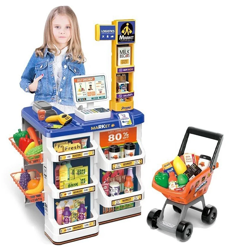 Pretend Play Grocery Store Kids Supermarket Set Role Play Store with Kids Shopping Cart,Kids Cash Register,Best Gift for Kids 60 Pcs